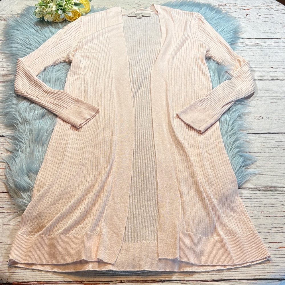LOFT Ribbed Long Lightweight Open Front Cardigan Sweater sz SP